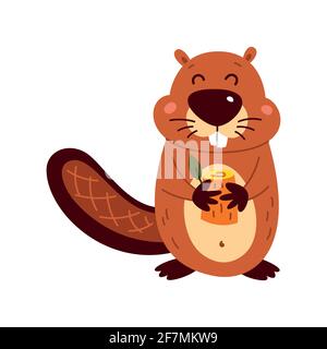 Funny cartoon beaver on a white background. Vector illustration. Stock Vector