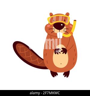Funny cartoon beaver on a white background. Vector illustration. Stock Vector