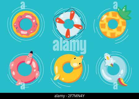 Rubber or inflatable ring vector set isolated from the background. Colorful icons swim ring in a flat style. Symbols vacation or holiday. Stock Vector