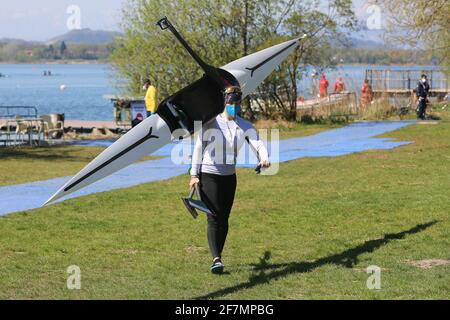 Varese, Italy. 08th Apr, 2021. Single sculler Elisa MONDELLI for Italy during the training session on Day 1 at the European Rowing Championships in Lake Varese on April 8th 2021 in Varese, Italy Credit: Mickael Chavet/Alamy Live News Stock Photo