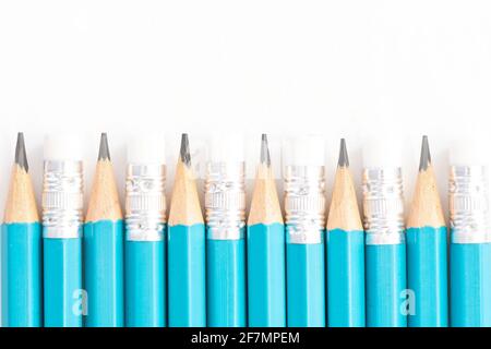 Close up blue pencils isolated on white background with copy space on top. Back to school concept Stock Photo