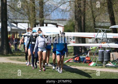 Varese, Italy. 08th Apr, 2021. Women's Eight of Italy during the training session on Day 1 at the European Rowing Championships in Lake Varese on April 8th 2021 in Varese, Italy Credit: Mickael Chavet/Alamy Live News Stock Photo