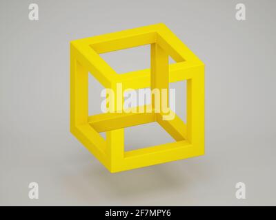 Popular optical illusion with paradoxical yellow cube over light gray background. 3d rendering illustration