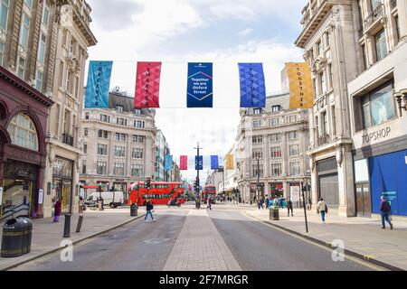 London, UK. 08th Apr, 2021. New banners in Oxford Street, London, ahead of the further relaxation of lockdown restrictions. Shops, restaurants and other businesses are set to reopen on 12th April. (Photo by Vuk Valcic/SOPA Images/Sipa USA) Credit: Sipa USA/Alamy Live News Stock Photo