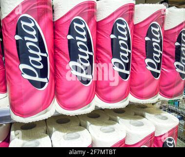 Samara, Russia - April 2, 2021: Papia toilet paper on the shelf in a supermarket Stock Photo