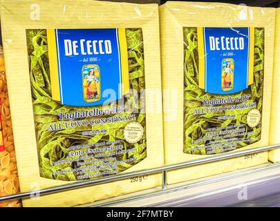 Samara, Russia - April 2, 2021: Packaged Italian pasta on a shelf in a supermarket Stock Photo