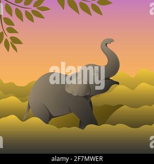 Cute African baby elephant in the wild with trees. Vector cartoon illustration Stock Vector