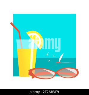 Citrus refreshing juice and sunglasses. Beach resort with sea and yacht. Vector illustration. Stock Vector