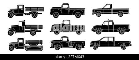 Set of simple black icons of vintage trucks. Vector clipart Stock Vector