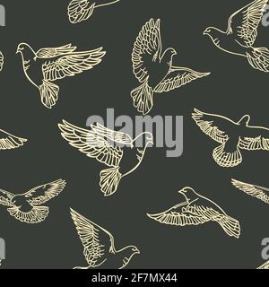 Seamless pattern with painted doves on a dark background. Vector clipart Stock Vector