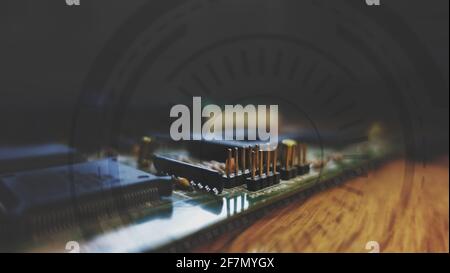 Horizontal banner of the computer motherboard. Concept of technologies and future engineering. Science and complexity on integrated PC circuit. Stock Photo