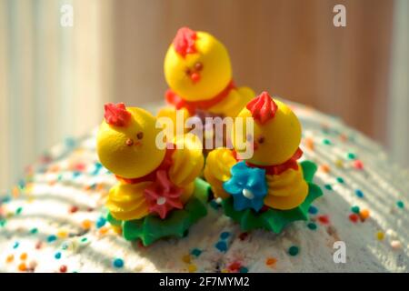 Three pastry miniature chickens on Easter baked goods Stock Photo