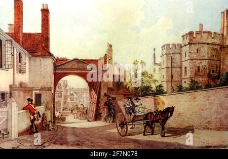 The approach to the main entrance to Windsor Castle, Windsor, England as it was in the mid 18th century  showing a horse and cart on Castle Hill near the Henry VIII gateway. An off duty guard is seen talking over the wall to a housewife. The town of Windsor is in the background. The original castle was built  after the Norman invasion of England by William the Conqueror and has continued to be  occupied by  the reigning monarch  since that time. It is the longest-occupied palace in Europe Stock Photo