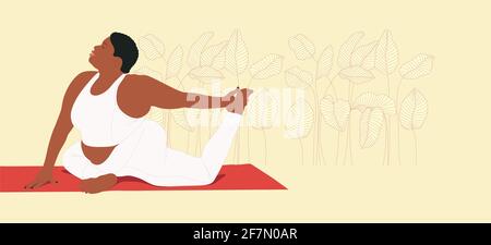 Overweigth african american woman doing yoga exercises. Plus size female character practicing meditation and stretching on the mat. Stock Vector