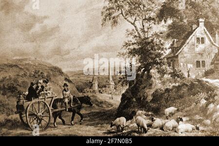 Travelling to market in a horse and cart English countryside scene early 1800s. Stock Photo