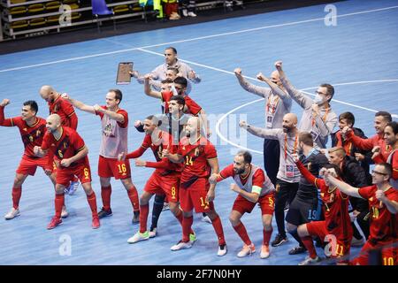Belgium's players celebrate after winning a futsal game between the national teams of Belgium and Italy, Thursday 08 April 2021 in Angleur, Liege, mat Stock Photo