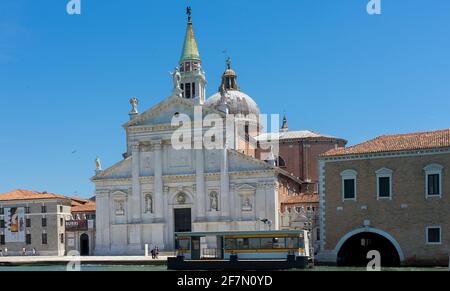 Church of San Giorgio Maggiore, basilica designed by Andrea Palladio in a classical style in 16th century, on a clear sunny day, Venice, Italy Stock Photo