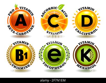 Creative concept vector set of A, B, C, D, E, K vitamin complex signs with cartoon sun symbol, realistic fruit icons, natural healthy food stamps, 3D Stock Vector