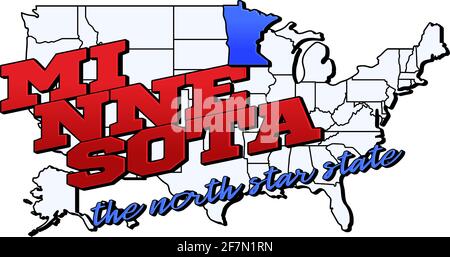 Minnesota state. Vector illustration with US minnesota state on american map with lettering. Touristic Greeting Card. Stock Vector