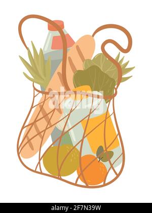 Shopping hand drawn bag flat vector illustrations. Grocery purchase,  package  with products.  Water bottle, bread, fruits, vegetables, apples. Stock Vector