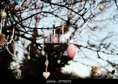 Home decorated Easter eggs hanging in a tree Stock Photo