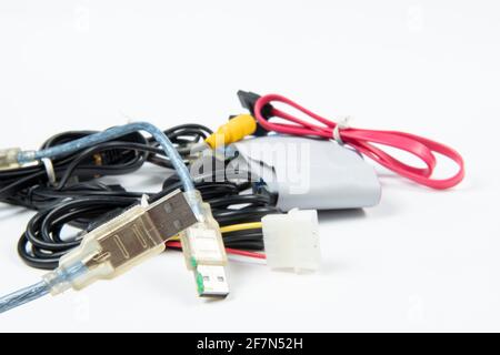 technological waste that remains in residence as computer cables Stock Photo