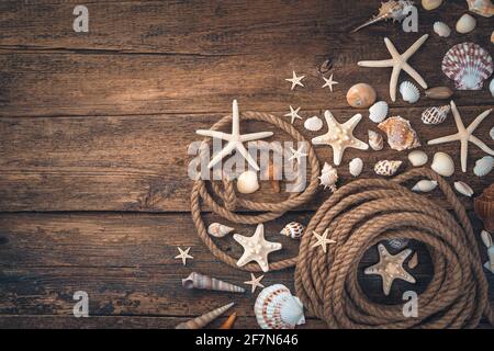 Seashells, starfish of various types and shapes, a rope on a brown wooden background. Top view, copy space. Stock Photo