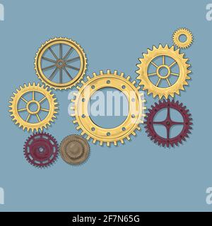 Vector illustration of a gear. Colored round gear elements of the mechanism. Group isolated details. Engineering mechanism, equipment Stock Vector