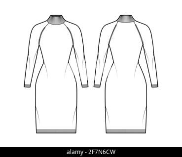 Turtleneck dress Sweater technical fashion illustration with long sleeves, fitted body, knee length, knit trim. Flat jumper apparel front, back white color style. Women men unisex CAD mockup Stock Vector