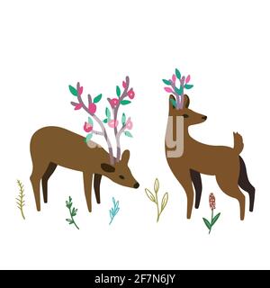 Two cute doodle deers with pink flowers on their antlers. Stock Vector