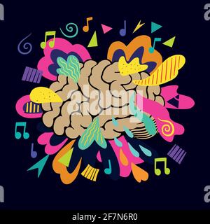 Bright brain concept with various colorful shapes and geometric elements. Stock Vector