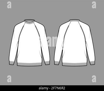 Fisherman Sweater technical fashion illustration with rib crewneck, long raglan sleeves, oversized, hip length, knit trim. Flat jumper apparel front, back, white color style. Women, unisex CAD mockup Stock Vector