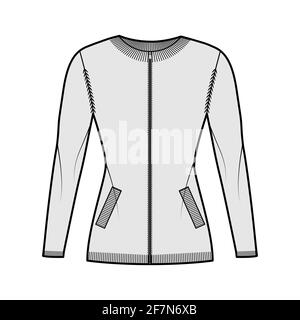 Zip-up cardigan Sweater technical fashion illustration with rib crew neck, long sleeves, fitted body, knit trim, pockets. Flat jumper apparel front, grey color. Women, men unisex CAD mockup Stock Vector