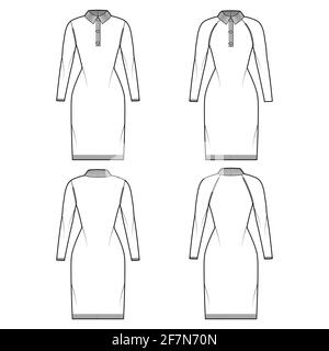 Set of dresses Polo Sweater technical fashion illustration with rib henley neck, classic collar, long raglan sleeves, fitted, trim. Flat apparel front, back, white color style. Women men CAD mockup Stock Vector