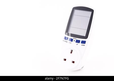 UK Digital Power Meter Plug Isolated on White Background Stock Photo
