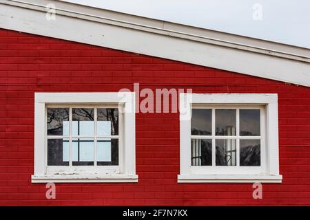 Window details of the Glen Haven Canning Co. building, now the Great Lakes Boathouse Museum, in historic Glen Haven Village in Sleeping Bear Dunes Nat Stock Photo