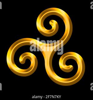 Golden triskele on black background. Triskelion, ancient symbol and motif consisting of a triple spiral, exhibiting rotational symmetry. Stock Photo
