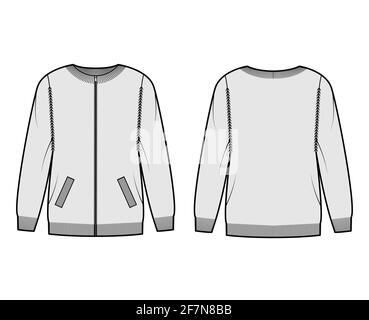 Zip-up cardigan Sweater technical fashion illustration with rib crew neck, long sleeves, oversized, knit trim, pockets. Flat jumper apparel front, back, grey color style. Women, men unisex CAD mockup Stock Vector
