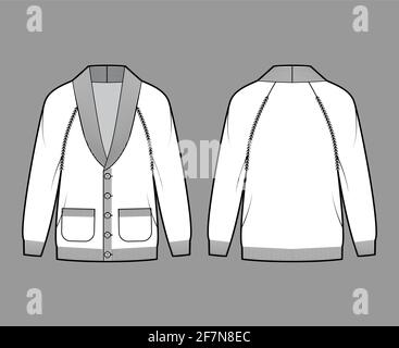 Cardigan Shawl collar Sweater technical fashion illustration with long raglan sleeves, oversized, knit rib trim, button closure. Flat apparel front, back, white color. Women, men unisex CAD mockup Stock Vector