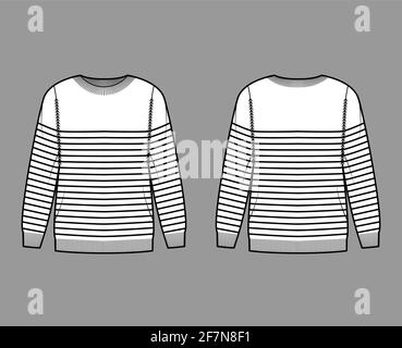 Sailor Sweater Striped Pullover technical fashion illustration with rib crew neck, long sleeves, oversized, hip length, knit cuff. Flat apparel front, back, white color. Women, men unisex CAD mockup Stock Vector