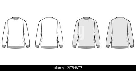 Fisherman Sweater technical fashion illustration with rib crewneck, long sleeves, oversized, hip length, knit trim. Flat jumper apparel front, back, white grey color style. Women men unisex CAD mockup Stock Vector
