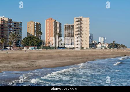 El Puig coastline with wide sandy beaches on a promenade that connects to the Pobla de Farnals marina, Valencia, Spain, Europe Stock Photo
