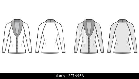 Cardigan Shawl collar Sweater technical fashion illustration with long raglan sleeves, fitted body, hip length, button closure. Flat front, back, white grey color style. Women men unisex CAD mockup Stock Vector