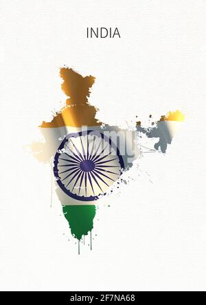 India maps and flags. National symbols of watercolor style. Stock Photo