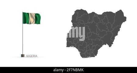 Nigeria map. gray country map and flag 3d illustration vector. Stock Vector