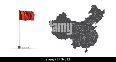 China map. gray country map and flag 3d illustration vector. Stock Vector