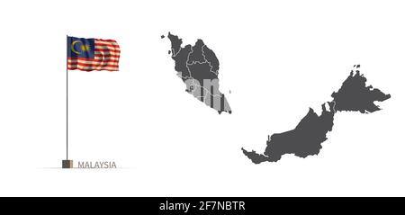 Malaysia map. gray country map and flag 3d illustration vector. Stock Vector