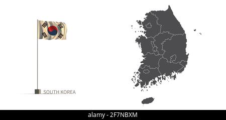 South korea map. gray country map and flag 3d illustration vector. Stock Vector