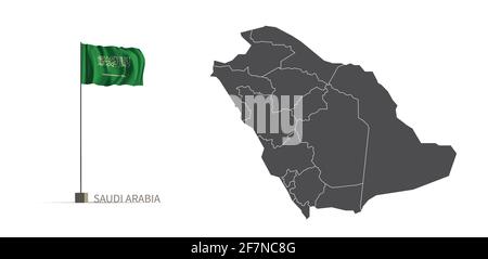 Saudi Arabia map. gray country map and flag 3d illustration vector. Stock Vector