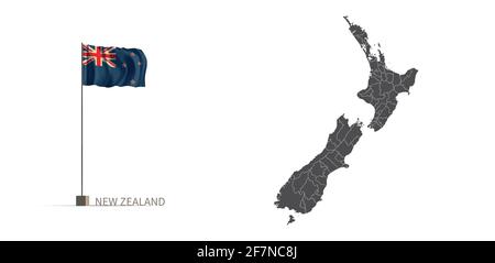 New Zealand map. gray country map and flag 3d illustration vector. Stock Vector